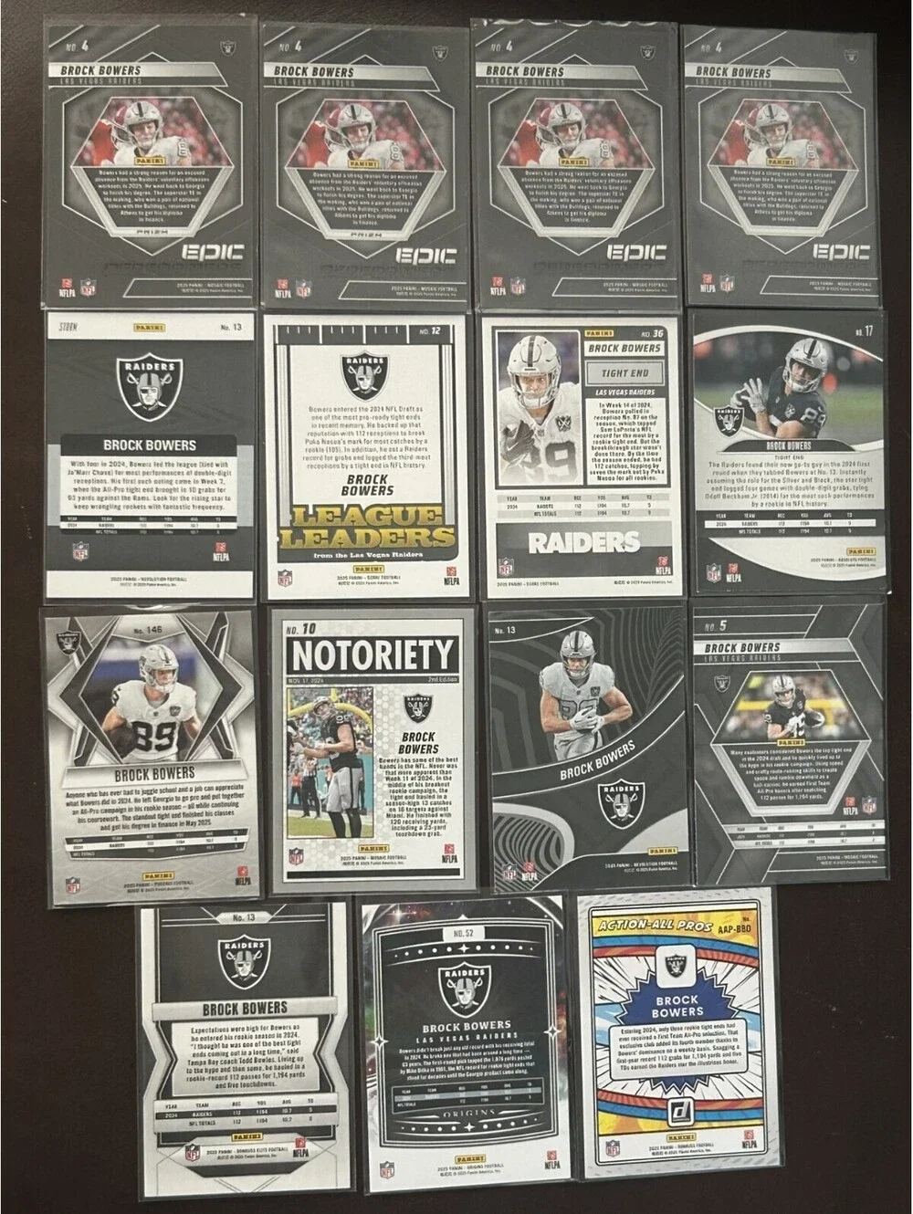 2025 BROCK BOWERS PANINI COLLECTION LAS VEGAS RAIDERS 15 CARD LOT + INSERTS NM